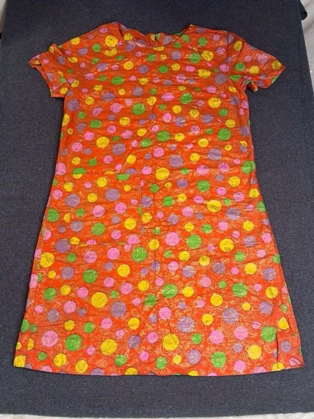 Vintage 60s 70s Psychedelic Neon Polka Dot Shift Dress Orange Mini Pocket
